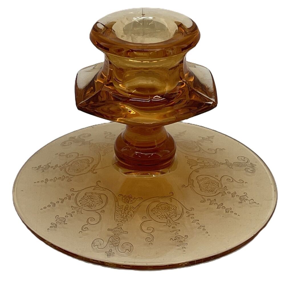 Vintage Amber Glass Candlestick Holders Etched Footed Candle Holder - Few Cracks